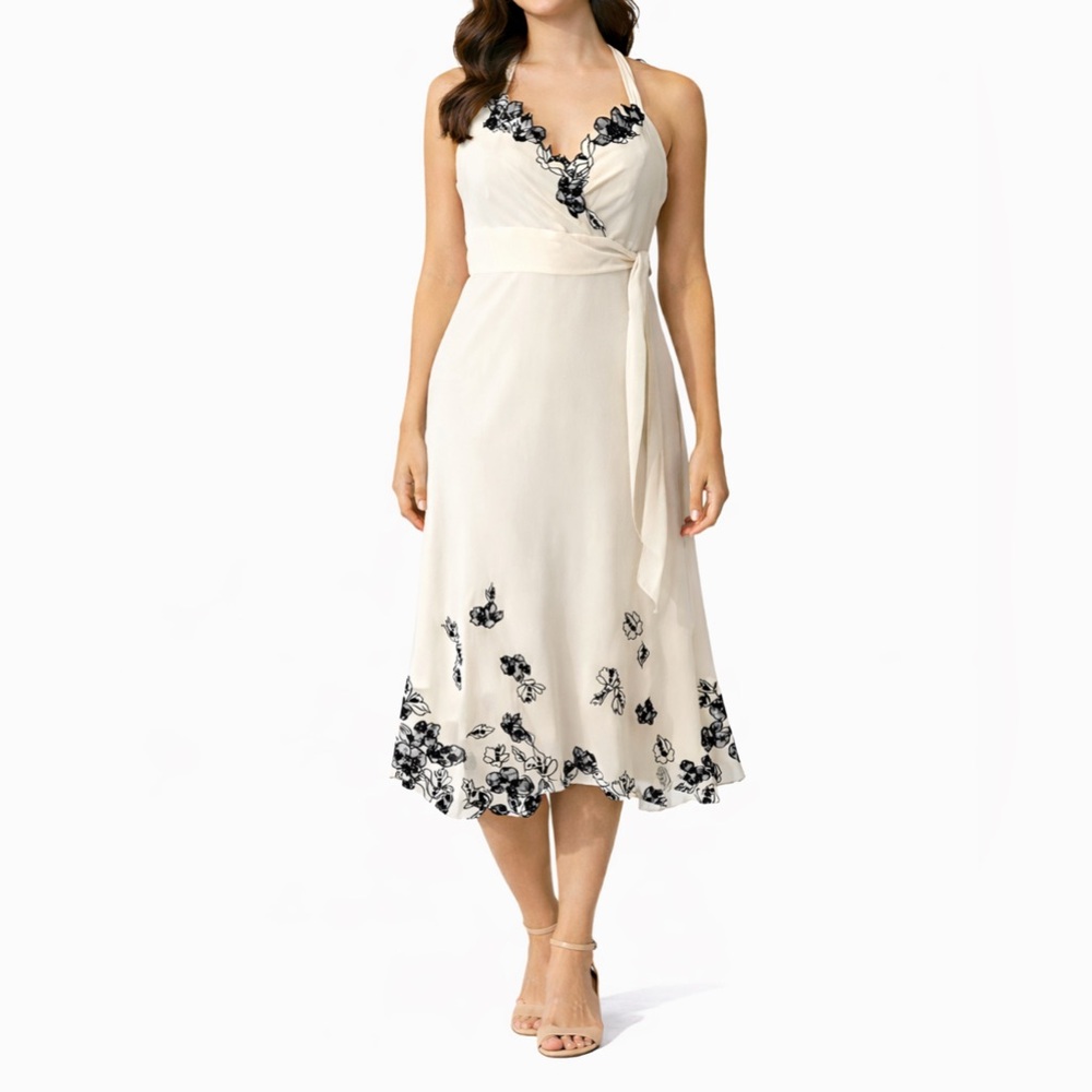 BCBGMAXAZRIA Dress 10 Ivory Black Silk Flowy Wedding Party Cruise NWT $228
